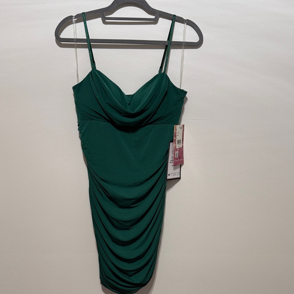 Macy's Deep Green Cowl Neck Ruched Spaghetti Strap Mini Dress